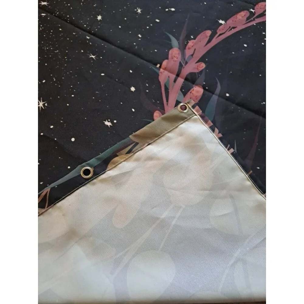 Moon Phase Fabric Shower Curtain Black Pink Floral Edge Celestial Mystical